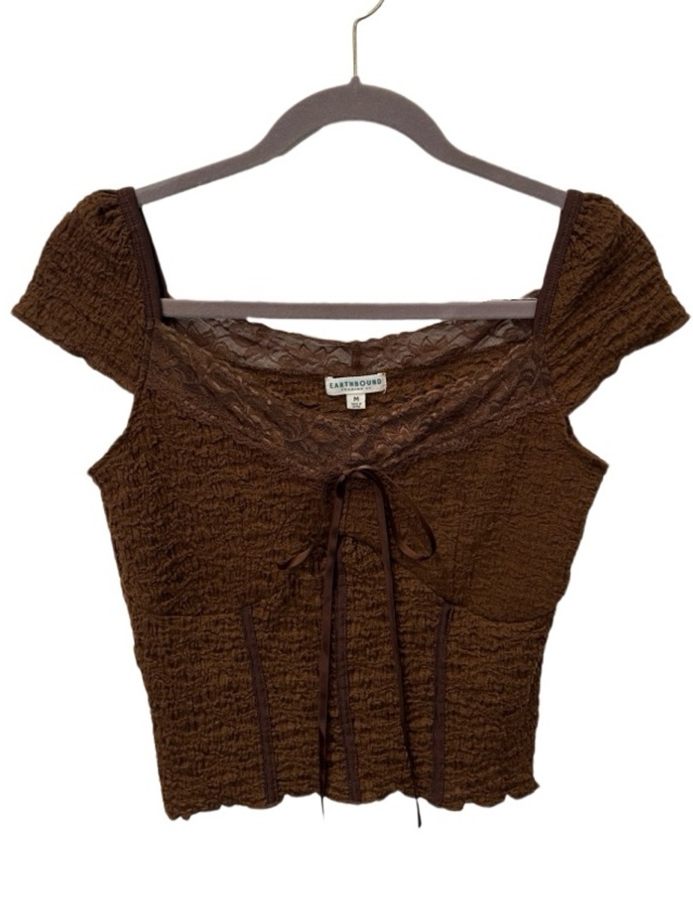 Y2K Top Women's‎ Medium Brown Lace Trim Bow Cropped Fairy Grunge Goblin Vintage